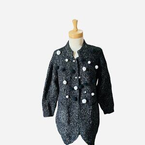 OVERSIZED Chunky Charcoal Black Ribbed Knit Pom-Pom Open Front Cardigan. X-large